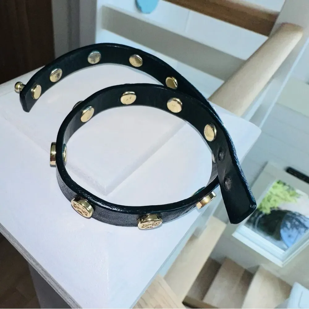 Tory Burch - Leather Double Wrap Logo Studded Bracelet, Black and Gold - Picture 2 of 5